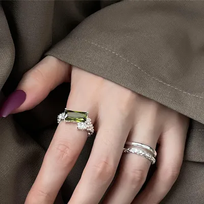 Fashion Exaggerated Vintage Women Square Crystal Adjustable Ring