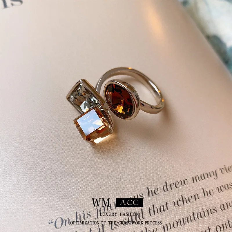 Fashion Exaggerated Vintage Women Square Crystal Adjustable Ring