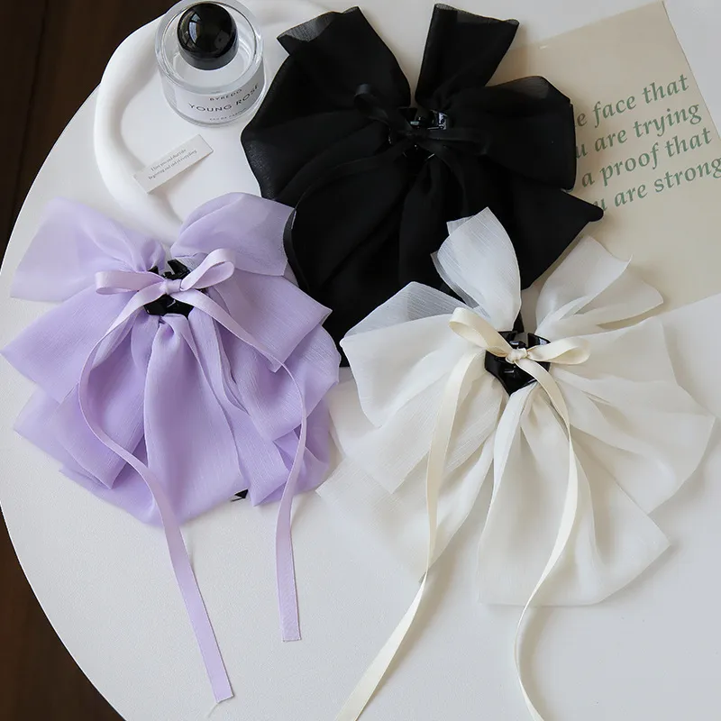 Fashion Elegant Women Solid Color Chiffon Bow Hair Clip Grip