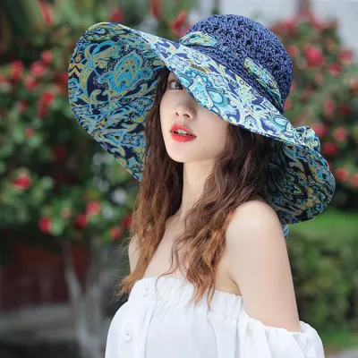 Summer Vacation Straw Woven Women's Sunscreen Beach Seaside Big Brim Floral Sun Hat Dome Elegant Simple