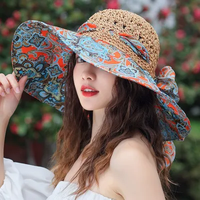 Summer Vacation Straw Woven Women's Sunscreen Beach Seaside Big Brim Floral Sun Hat Dome Elegant Simple