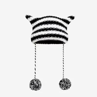 Cute Stripe Deviruchi Pompon Knitted Beanie Women Winter Ear Protection Warm Hat