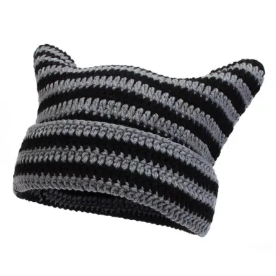 Cute Stripe Deviruchi Pompon Knitted Beanie Women Winter Ear Protection Warm Hat