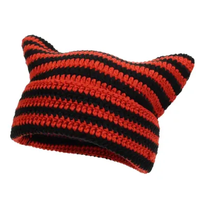Cute Stripe Deviruchi Pompon Knitted Beanie Women Winter Ear Protection Warm Hat
