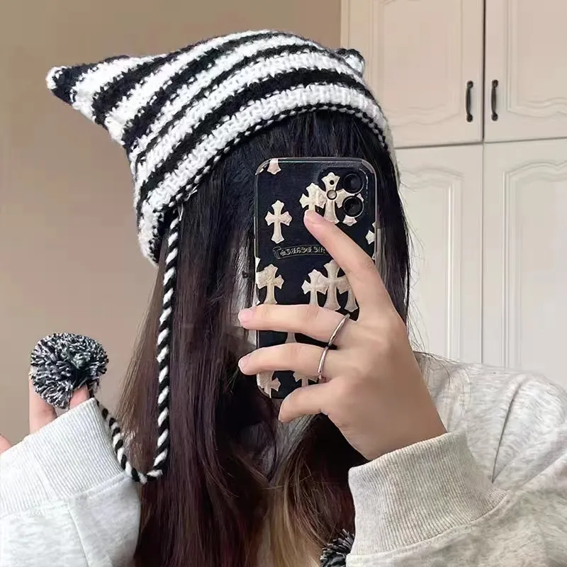 Cute Stripe Deviruchi Pompon Knitted Beanie Women Winter Ear Protection Warm Hat