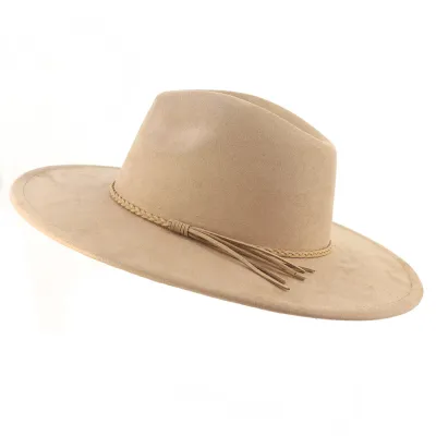Autumn Winter Fashion Jazz Fedora Hat Women 10cm Brim Suede Tassel