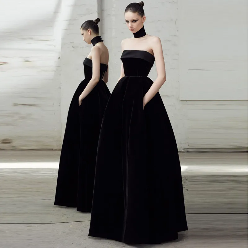 Women's Elegant Black Strapless Party Dress Gold Velvet
