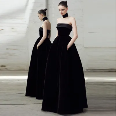 Women's Elegant Black Strapless Party Dress Gold Velvet