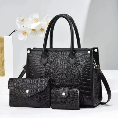 Women's Vintage Crocodile-Embossed Large-Capacity Handbag Three-Piece Set Tote Bag