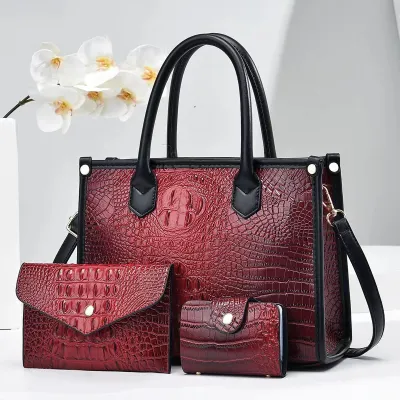 Women's Vintage Crocodile-Embossed Large-Capacity Handbag Three-Piece Set Tote Bag