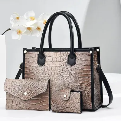 Women's Vintage Crocodile-Embossed Large-Capacity Handbag Three-Piece Set Tote Bag
