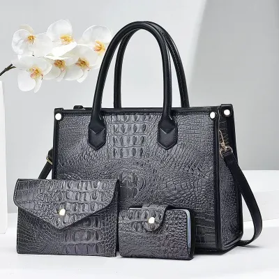 Women's Vintage Crocodile-Embossed Large-Capacity Handbag Three-Piece Set Tote Bag