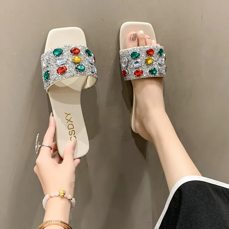 Women's Large Size Rhinestone Flat Slippers with Rubber Sole