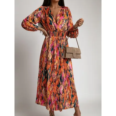 Women's Fashion Print Waist Long Sleeve Side Slit Midi Dress