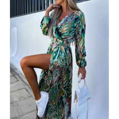 Women's Fashion Print Waist Long Sleeve Side Slit Midi Dress