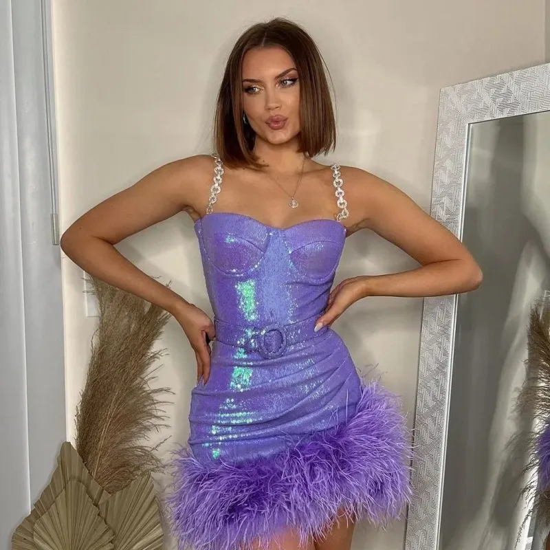 Women Sexy Feather Sequins Sleeveless Party Dress