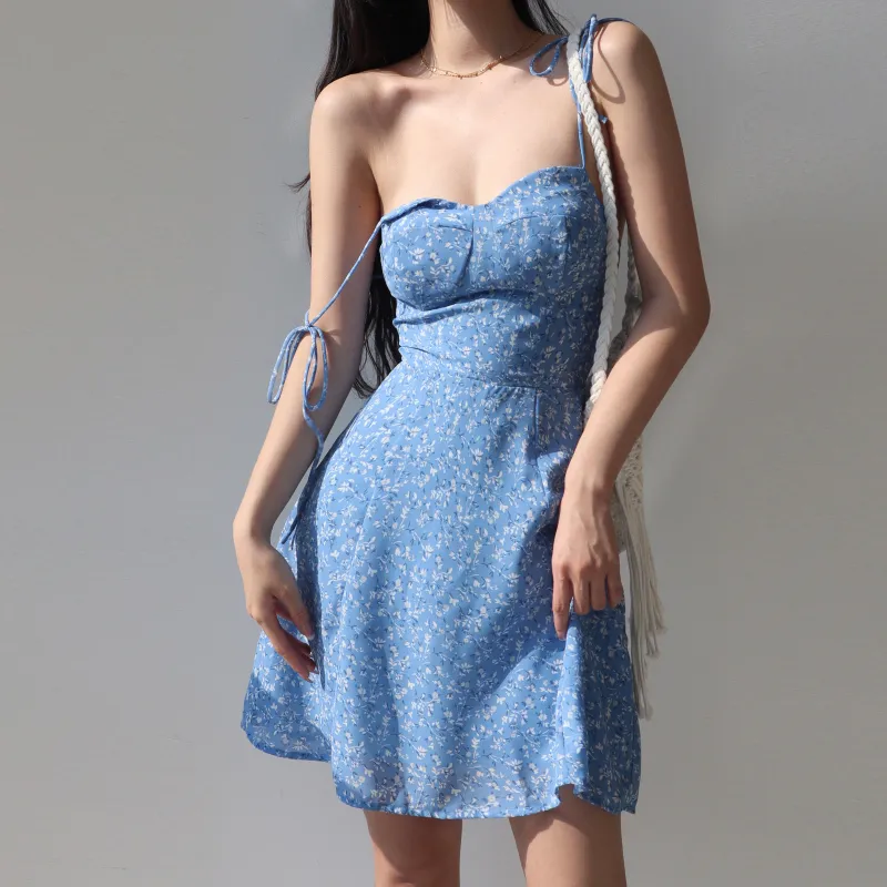 Women Fashion Tiny Flower Print Sling Dress