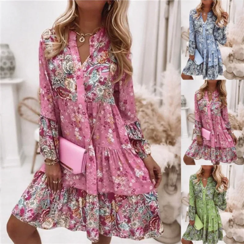 Women Bohemian Style Casual Long Sleeve Print Dress