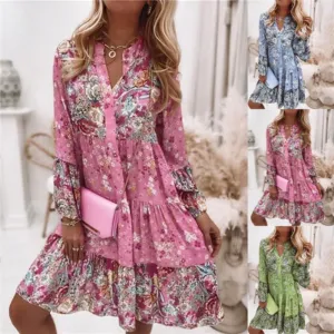 Women Bohemian Style Casual Long Sleeve Print Dress