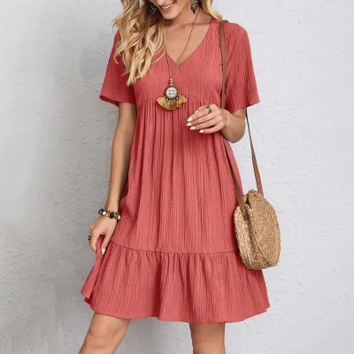 Summer Women's Casual Solid Color Loose Short-Sleeved Midi Dress