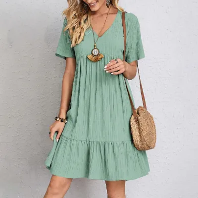 Summer Women's Casual Solid Color Loose Short-Sleeved Midi Dress
