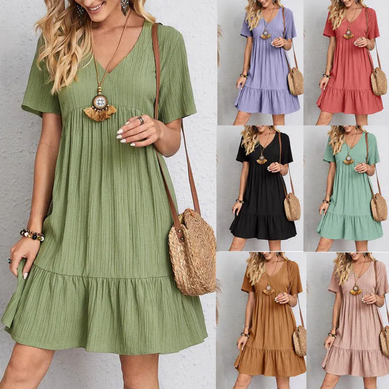 Summer Women's Casual Solid Color Loose Short-Sleeved Midi Dress