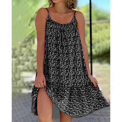 Women's Casual Sling Dress with Tiny Flower Print - Sleeveless High Waist Mid-Skirt