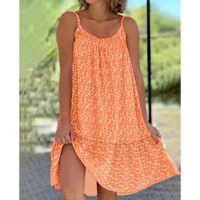 Women's Casual Sling Dress with Tiny Flower Print - Sleeveless High Waist Mid-Skirt