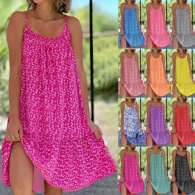 Women's Casual Sling Dress with Tiny Flower Print - Sleeveless High Waist Mid-Skirt