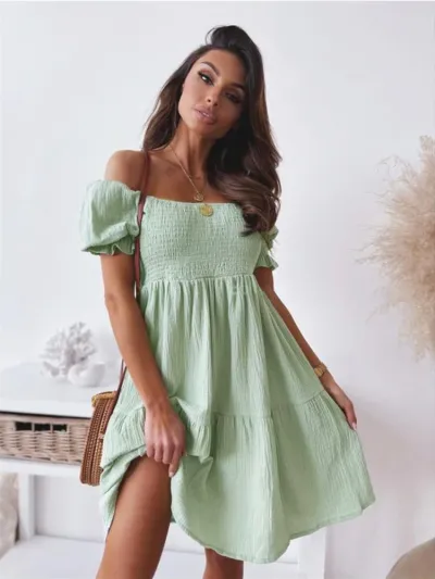 Women Casual Solid Color Short Sleeve Pleated A-Line Dress