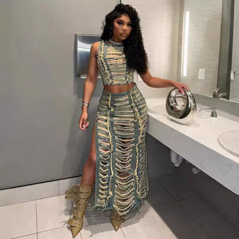 Women Fashion Distinctive Hollow Ripper Sleeveless Tank Top Side-Slit Skirt Denim Set