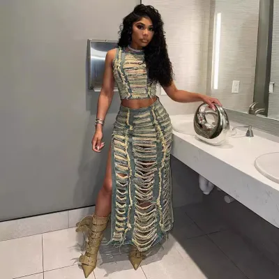 Women Fashion Distinctive Hollow Ripper Sleeveless Tank Top Side-Slit Skirt Denim Set