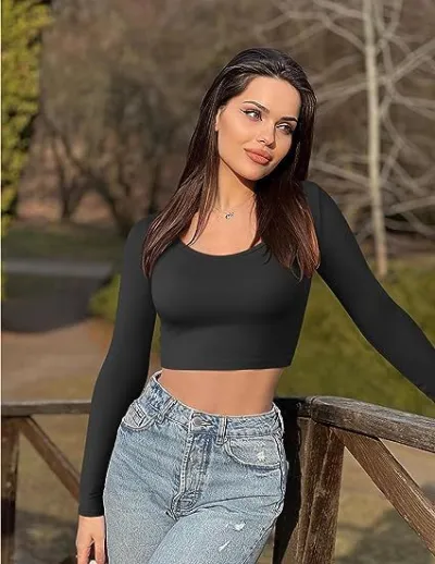 Summer Fashion Women Long-Sleeved Round Neck Elastic Sports Crop Top