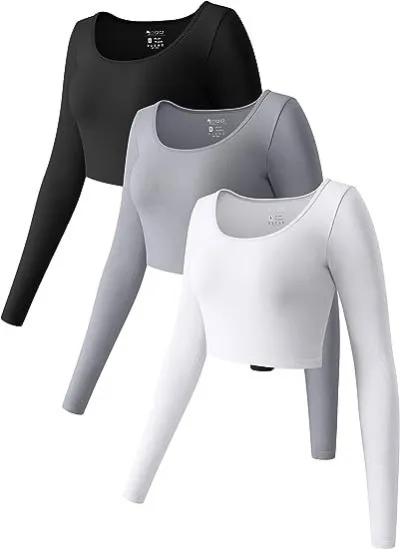 Summer Fashion Women Long-Sleeved Round Neck Elastic Sports Crop Top