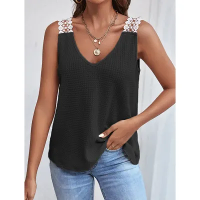 Casual Summer Women Solid Color Lace Waffle Patchwork Tank Top