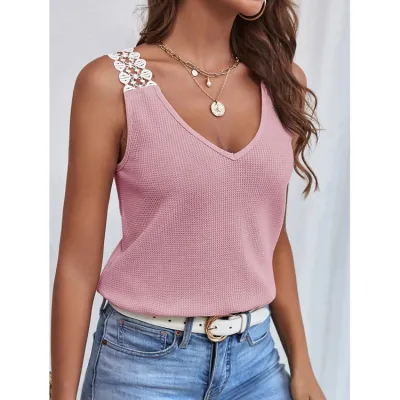 Casual Summer Women Solid Color Lace Waffle Patchwork Tank Top