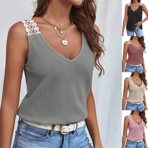 Casual Summer Women Solid Color Lace Waffle Patchwork Tank Top