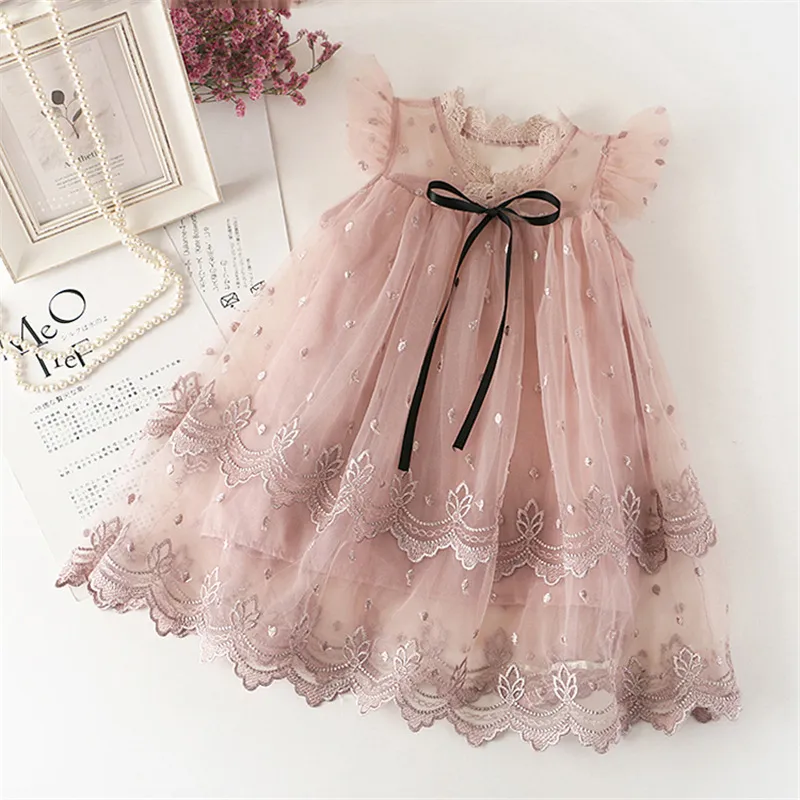 Kids Toddler Girls Casual Cute Fluttering Sleeve V Neck Mesh Princess Dress