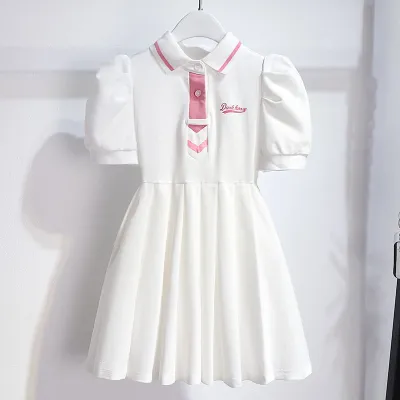 Kids Toddler Girls Casual Cute Letter Short Sleeve Lapel Pleated Dress