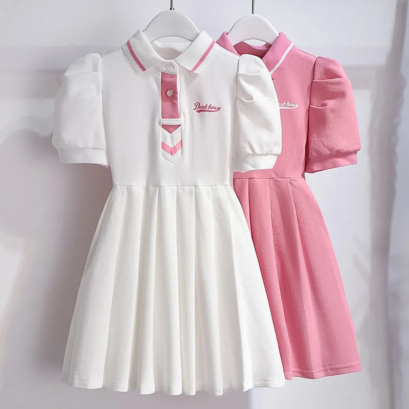 Kids Toddler Girls Casual Cute Letter Short Sleeve Lapel Pleated Dress
