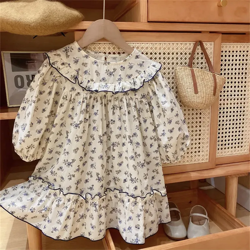 Kids Toddler Girls Casual Cute Tiny Flower Print Long Sleeve Round Neck Tutu Dress