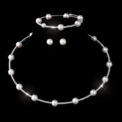 Pearl Rhinestone Fashion Women Necklace Bracelet Earrings Bride Jewelry Set