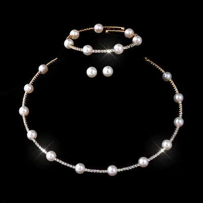 Pearl Rhinestone Fashion Women Necklace Bracelet Earrings Bride Jewelry Set