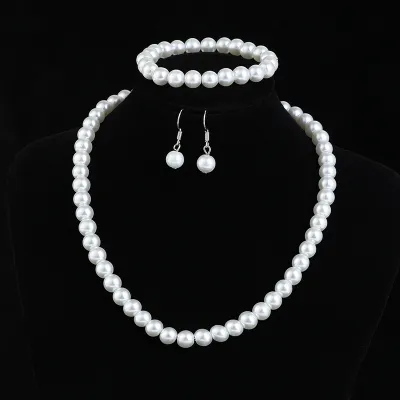Pearl Rhinestone Fashion Women Necklace Bracelet Earrings Bride Jewelry Set