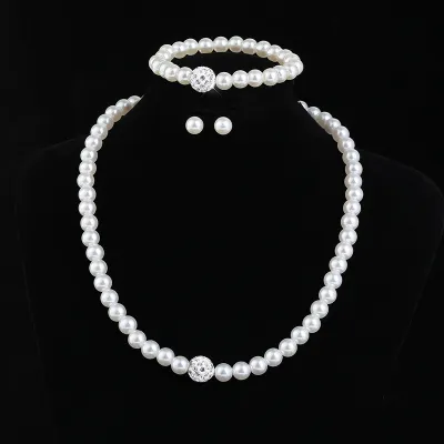 Pearl Rhinestone Fashion Women Necklace Bracelet Earrings Bride Jewelry Set