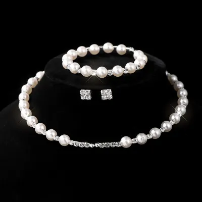 Pearl Rhinestone Fashion Women Necklace Bracelet Earrings Bride Jewelry Set