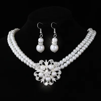 Pearl Rhinestone Fashion Women Necklace Bracelet Earrings Bride Jewelry Set