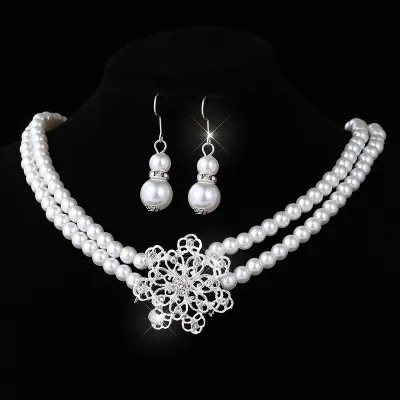 Pearl Rhinestone Fashion Women Necklace Bracelet Earrings Bride Jewelry Set
