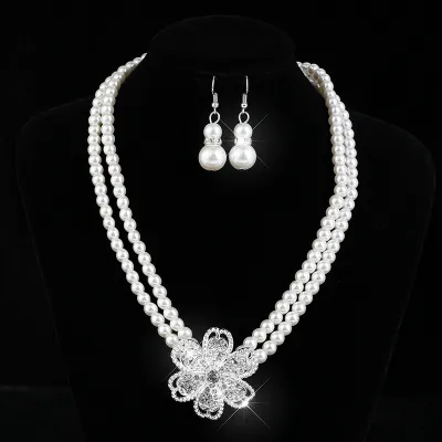 Pearl Rhinestone Fashion Women Necklace Bracelet Earrings Bride Jewelry Set