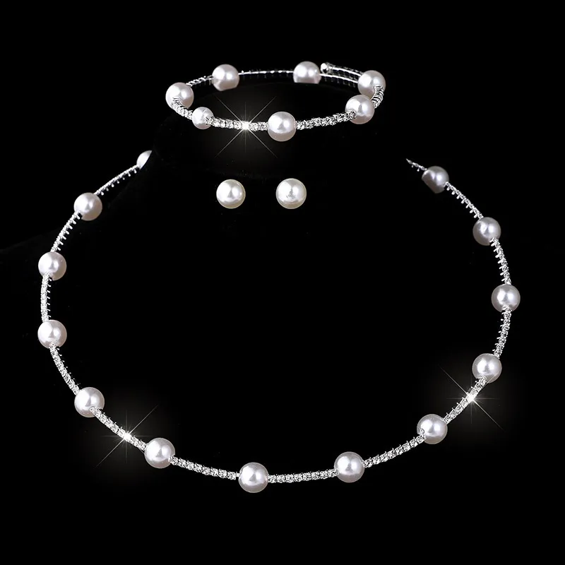 Pearl Rhinestone Fashion Women Necklace Bracelet Earrings Bride Jewelry Set